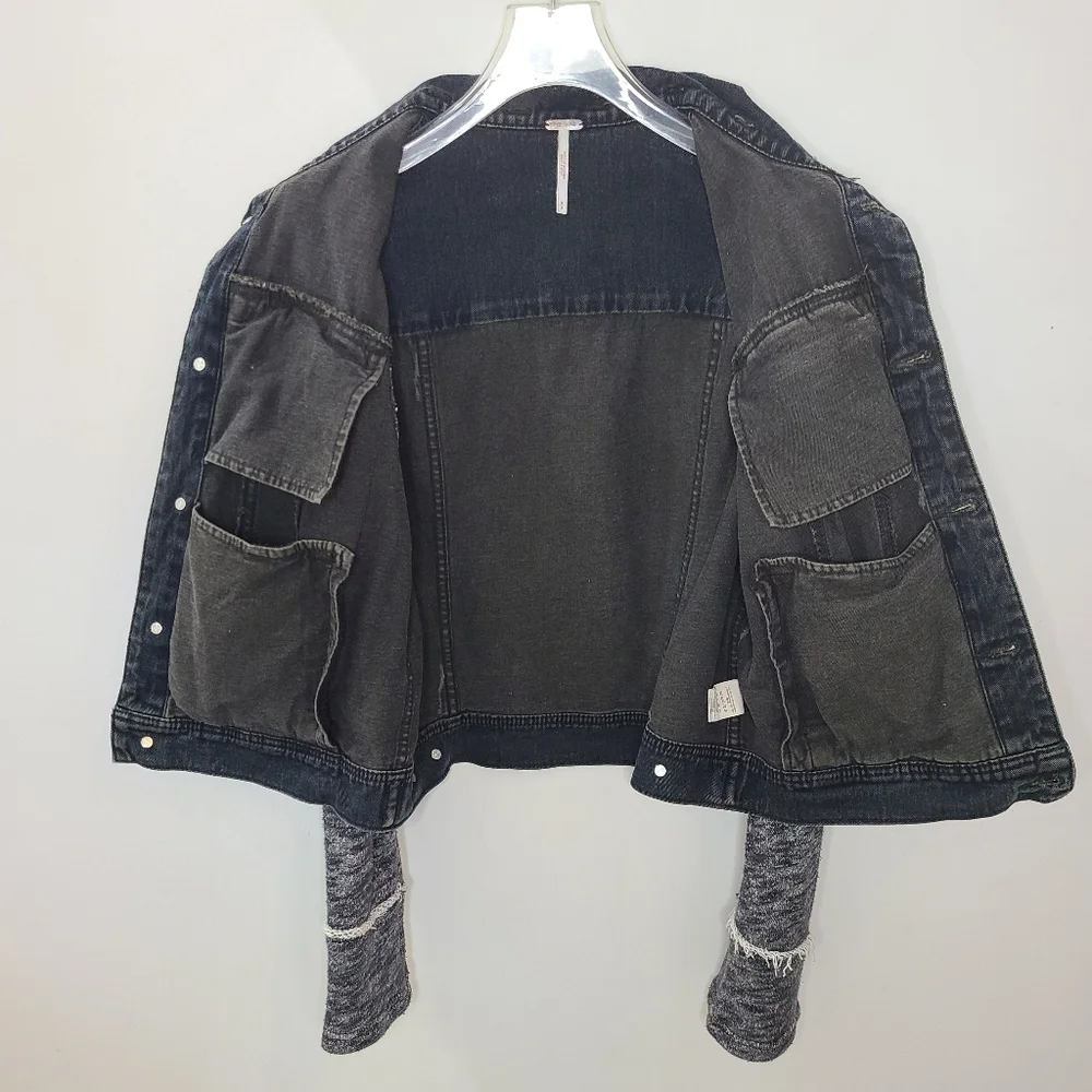 Free People Black Mixed Media Space Dye Knit Denim Jean Jacket Sz M - Picture 10 of 15